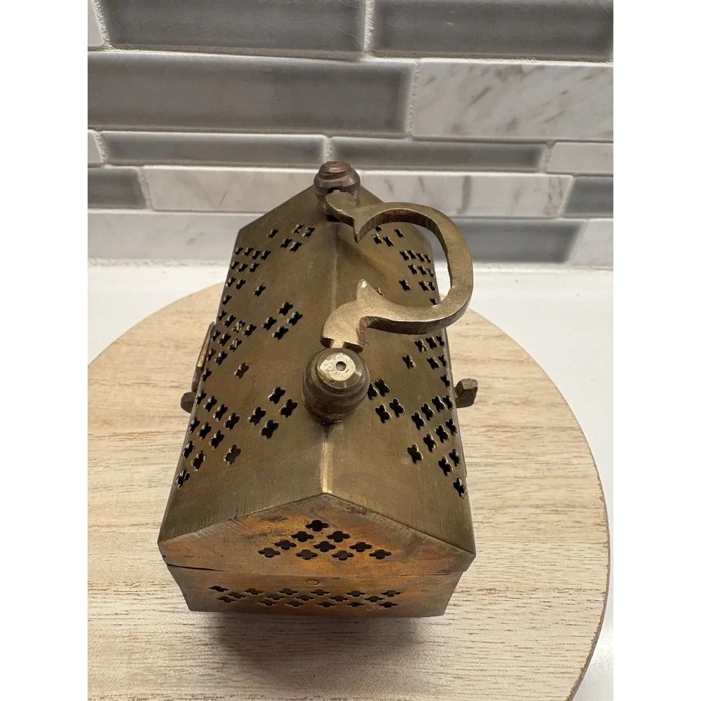 Antique Brass Decorative Rectangle Box, Geometric, Handle, Latch, Made in India